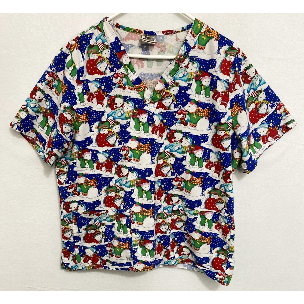 Christmas Bears Scrub Women's Top V-Neck Pockets Short Sleeves Size LARGE